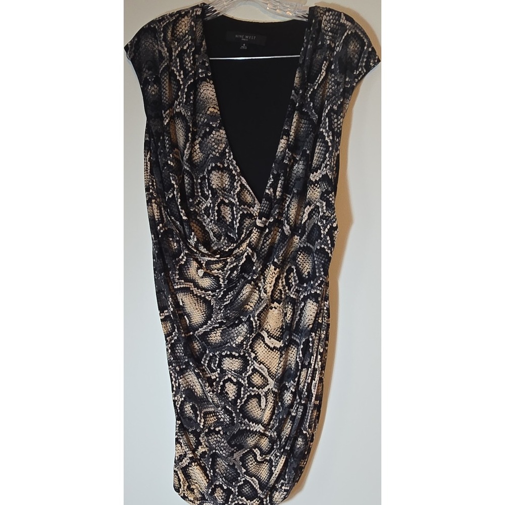Nine West Black Beige Gray Snake Animal Print V-Neck Cap Sleeve Sheath Dress 6
